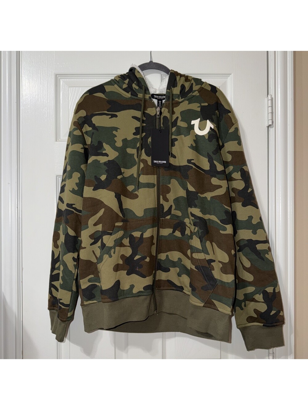 True Religion Camo Sherpa Lined Men Size MEDIUM Buddha Graphic Full Zip Hoodie